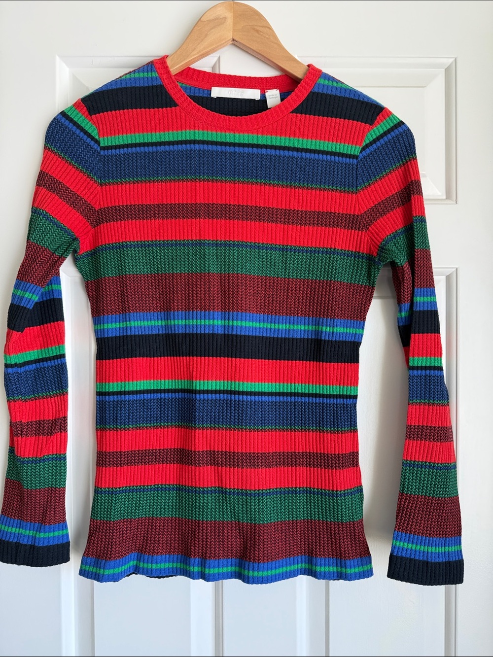 Boss Striped Crewneck Sweater in Red, Blue, and Green. Size Small.